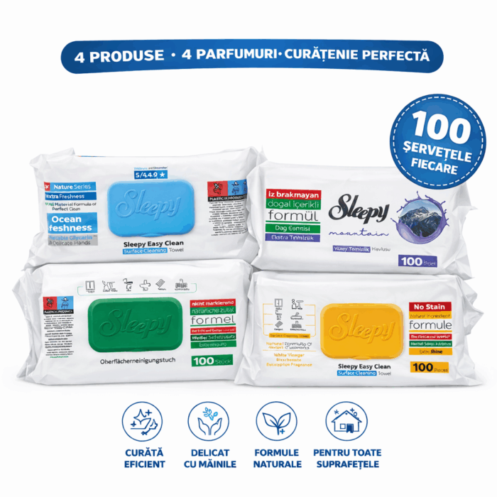 Alege pachetul Sleepy pentru o curatenie rapida, igienica si parfumata in fiecare zi! ✔ 4 pachete x 100 servetele ✔ 4 parfumuri diferite pentru prospetime zilnica ✔ Curatare eficienta fara clatire ✔ Delicate cu pielea ✔ Potrivite pentru toate suprafetele Klaus Distribution