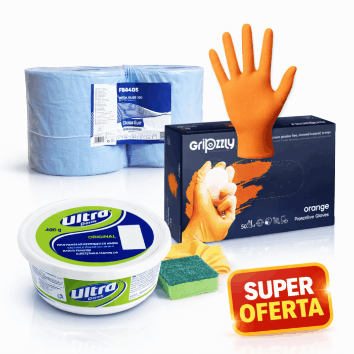 Pachet complet pentru curățenie profesională: role hârtie absorbantă, pastă pentru mâini Ultra Derm și mănuși Grizzly. Ideal pentru atelier, service sau uz casnic. Klaus Distribution