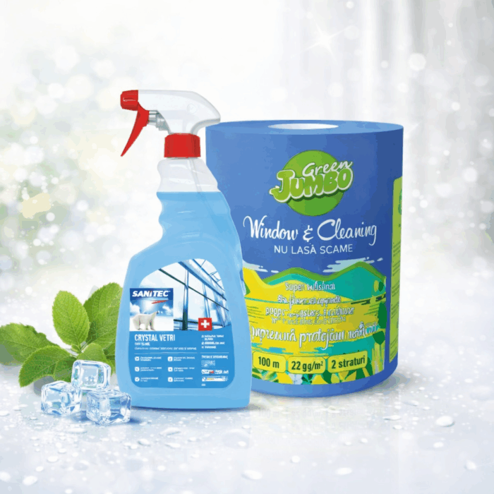 Soluție geamuri  Sanitec Crystal  & Rola  Green Jumbo 100m Klaus Distribution