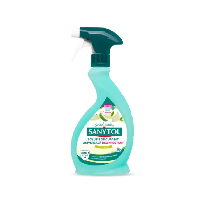 <strong>Dezinfectant lichid pentru diverse suprafete</strong> Produs testat dermatologic Ambalare: in recipient din plastic cu pulverizator Volum: 500 ml Nu contine clor Sortiment: mar verde Produs aprobat de Ministerul Sanatatii (Aviz nr. 2803BIO/02/12.24) Klaus Distribution