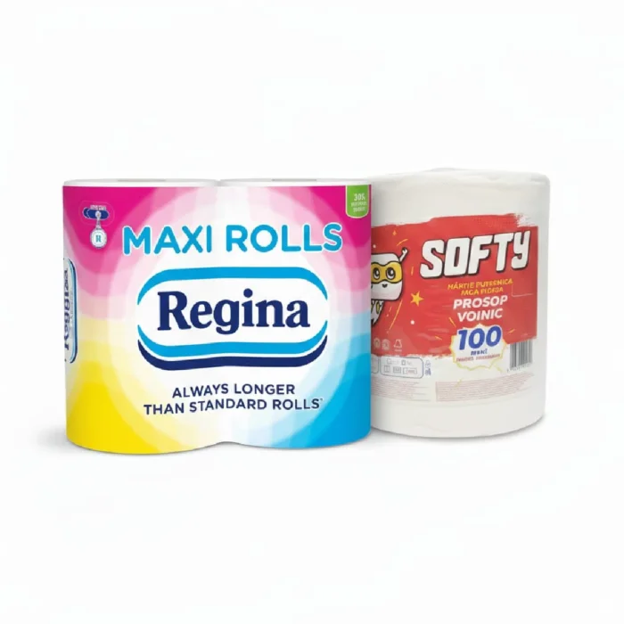 Pachetul contine: <ul> <li>1 rola Prosop de bucatarie Softy 100 m</li> <li>1 set cu 4 bucati hartie igienica Regina Maxi Roll</li> </ul> Klaus Distribution