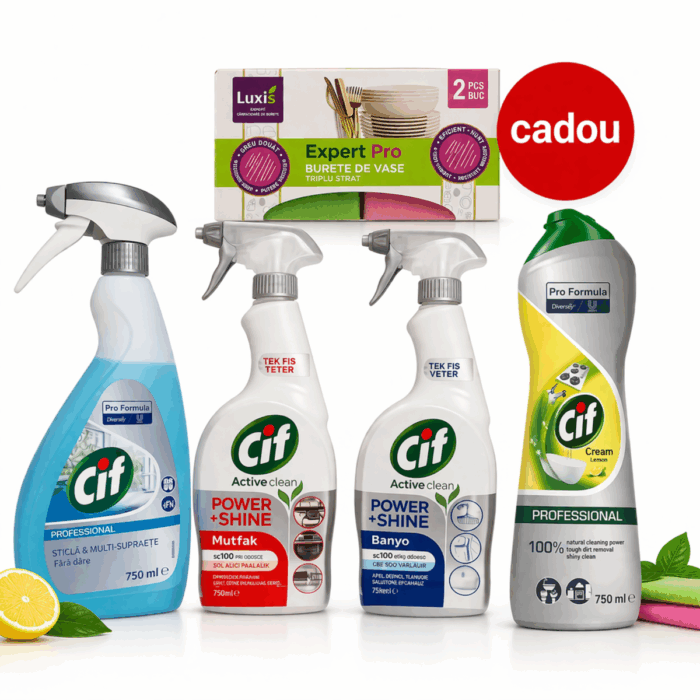 Pachet Cif Curățenie Completă – Profesional Set complet de curățenie pentru întreaga casă, ce include soluții eficiente pentru bucătărie, baie și suprafețe multiple. Produsele Cif oferă îndepărtare rapidă a murdăriei, grăsimii și calcarului, lăsând suprafețele curate și strălucitoare. Klaus Distribution
