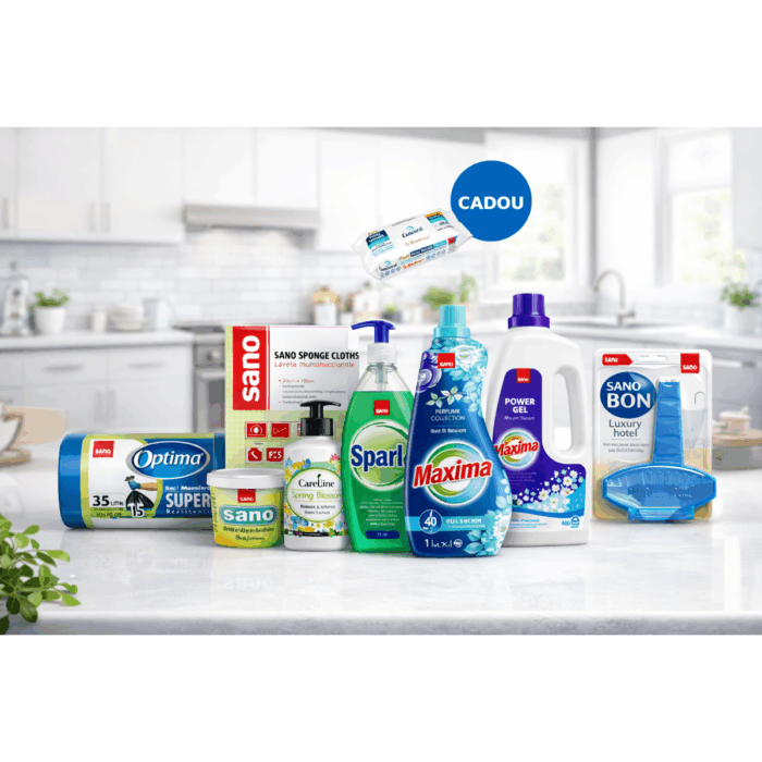 Pachet complet de curatenie SANO pentru casa, ideal pentru igienizarea eficienta a suprafetelor. Include produse de calitate superioara si vine cu servetele multisuprafete CADOU pentru un plus de confort si economie. Klaus Distribution