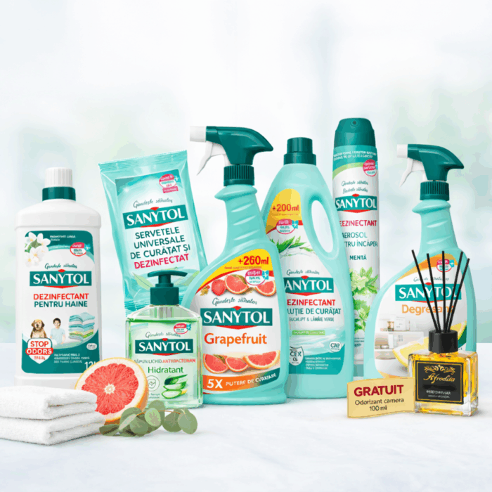 Descopera solutia completa pentru curatenie si igiena cu pachetul SANYTOL, special conceput pentru intreaga casa. Acest bundle include produse esentiale pentru dezinfectarea suprafetelor, igiena mainilor, curatarea textilelor si eliminarea mirosurilor neplacute. In plus, beneficiezi de un CADOU GRATUIT – odorizant de camera Afrodita Reed Diffuser 100 ml, pentru un parfum placut si persistent in locuinta ta. Klaus Distribution