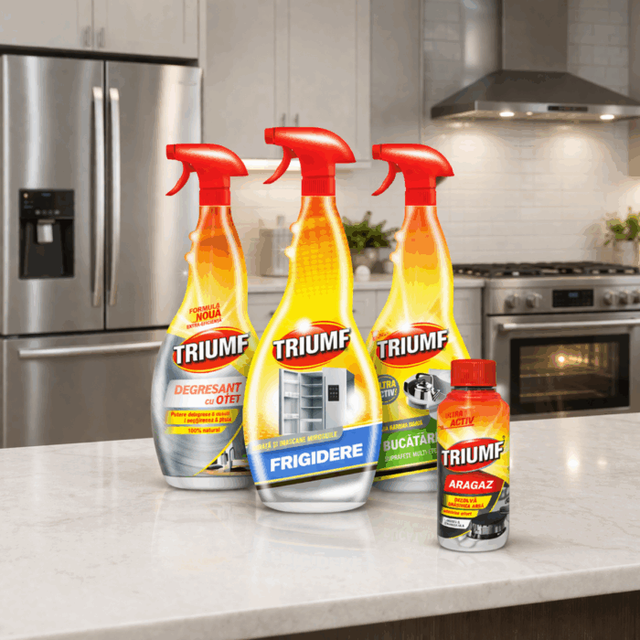 Pachetul TRIUMF Multi-Clean include solutii eficiente pentru curatarea completa a bucatariei: degresant cu otet, solutie pentru frigider, spray pentru suprafete multiple si solutie pentru aragaz. Elimina grasimea, murdaria si mirosurile neplacute rapid si fara efort. Klaus Distribution